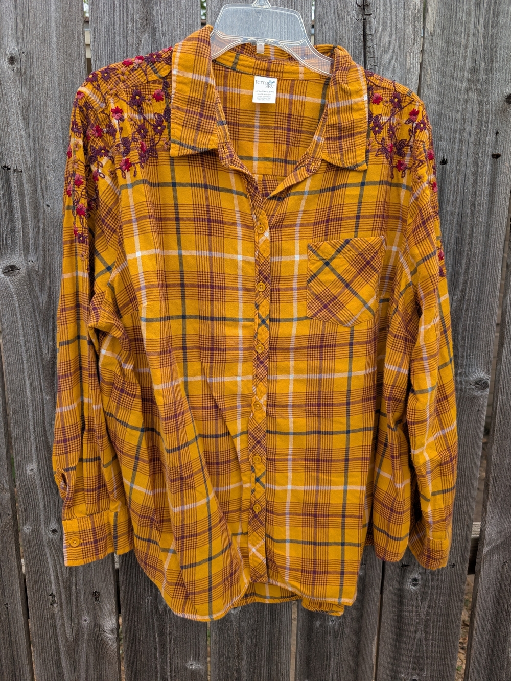 Terra & Sky Mustard Plaid Button-Down Shirt with Embroidered Shoulders